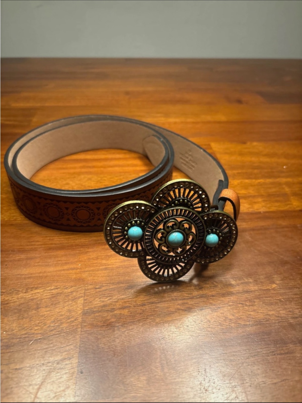 Brand New 48” Western Faux Leather Belt with Turquoise-style buckle.